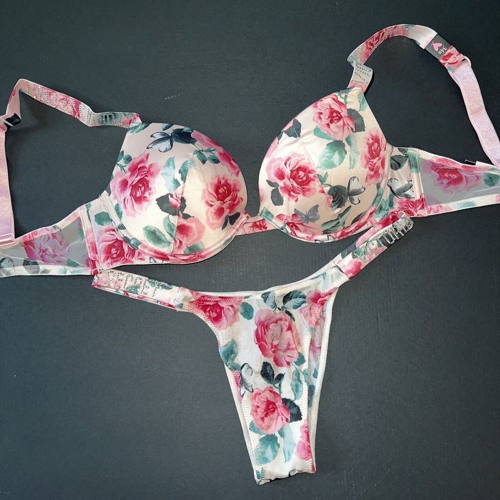 Victoria's Secret 34B,34D BRA SET S Panty floral satin PINK rose SHINE STRAP